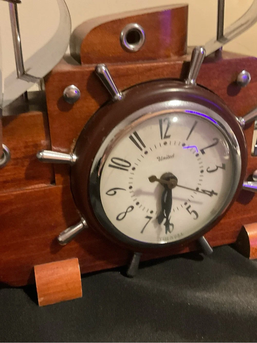 Wooden Ship Clock Wall Decor in Brown and Silver
